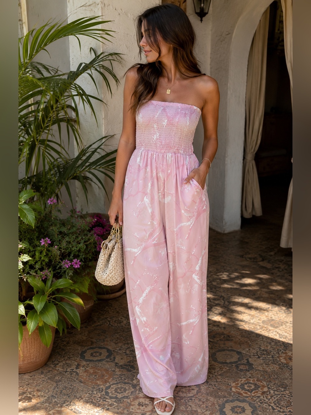 Discreet Strapless Pink Marble-Print Wide Leg Jumpsuit